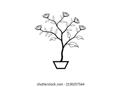 tree outline vector, floral line art design, plant with branch line drawing elements