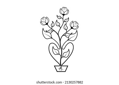tree outline vector, floral line art design, plant with branch line drawing elements