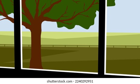 Un árbol afuera de la ventana. Alambre, campo. Imagen vectorial para impresiones, afiches e ilustraciones.