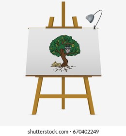 Tree and owl. Concept of education and knowledge. Hand drawn vector stock illustration on easel