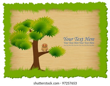 Tree with owl in frame of grass on hatching panel