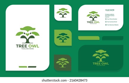 tree with owl logo design and free business card