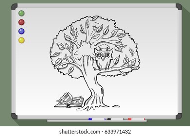 Tree and owl. Open book on ground. Concept of education and knowledge. Hand drawn vector stock illustration