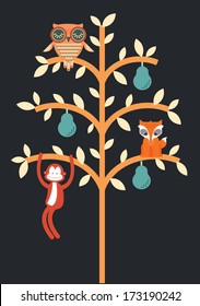 tree with owl pear monkey fox vector/illustration