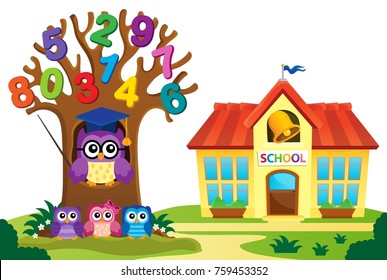 Árbol y búho cerca del tema escolar 3 - ilustración vectorial eps10.