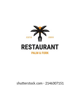 Tree palm and fork of restaurant logo icon design template