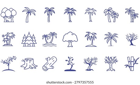 Tree and Palm Tree Icon Collection Vector Set – Tropical, Forest, Nature, Bamboo, Dead Tree and Landscape Outline Icons for Ecology and Environment Design