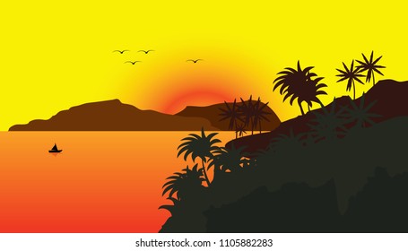 Tree palm trees silhouette on sunset tropical beach and mountain