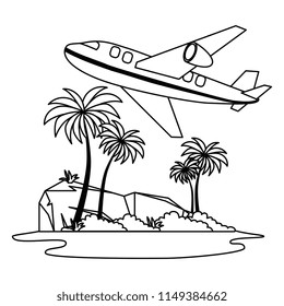 tree palms with airplane flying scene