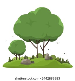 Tree, park. Gaming platform, cartoon forest landscape, 2d user interface design for computer or mobile phone. Bright tree with grass, vector element.