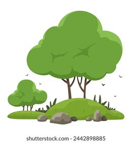Tree, park. Gaming platform, cartoon forest landscape, 2d user interface design for computer or mobile phone. Bright tree with grass, vector element.