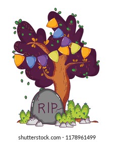 tree with party flags and rip stone