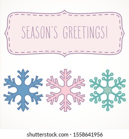 Tree pastel snowflake and hand written season's greetings in a frame. Winter holidays Christmas vector illustration isolated over white.