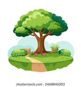 Tree with a path in the garden, isolated on a white background. Illustration. Vector element for design.