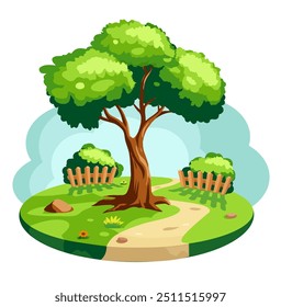 Árbol con un camino en el jardín, aislado en un fondo blanco. Ilustración. Elemento de Vector para el diseño.