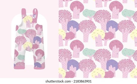 Tree Pattern
Baby Girl Toddler Pink Dungaree Fashion Illustration. Vector Repeating Seamless Patterns of
Flat Pink Forest with Pink leaves and white Tree’s trunk
