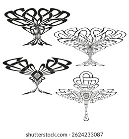 Tree pattern illustration. Black white branches. Symmetrical swirl design. Vector knot symbol.