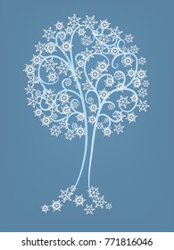 A tree with patterned branches, covered with snowflakes with a shadow effect on a blue background. Vector illustration