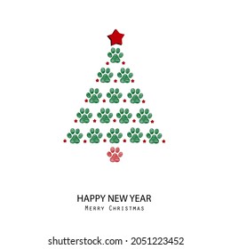 Tree with paw prints. Merry Christmas and Happy new year greeting card