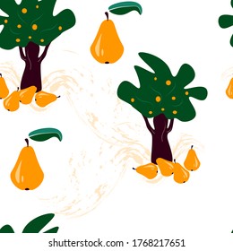 tree with pears.lots of ripe pears under the tree.theme of the harvest. on white background.seamless pattern.vector.