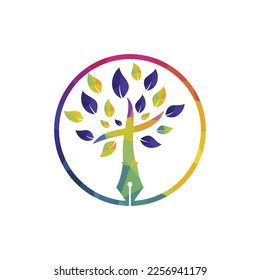 Tree pen and cross vector logo design template. Bible learning and teaching class.