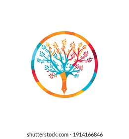 Tree pen vector logo design template. Writer and nature logo concept.