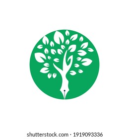 Tree pen vector logo design template. Writer and nature logo concept.	