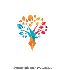 Tree pen vector logo design template. Writer and nature logo concept.	