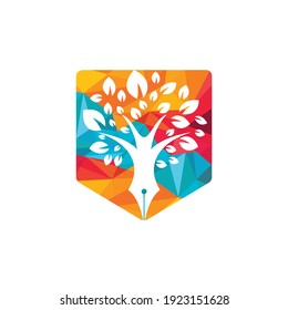 Tree pen vector logo design template. Writer and nature logo concept.	