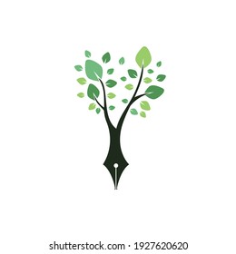 Tree pen vector logo design template. Writer and nature logo concept.	