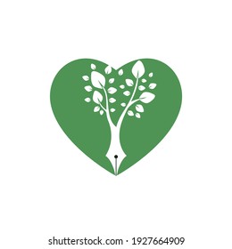Tree pen vector logo design template. Writer love and nature logo concept.	
