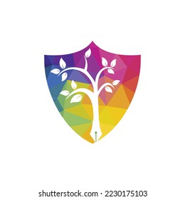 Tree pen vector logo design template. Writer and nature logo concept.	