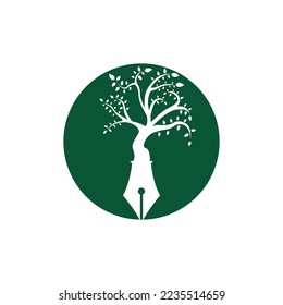 Tree pen vector logo design template. Writer and nature logo concept.	