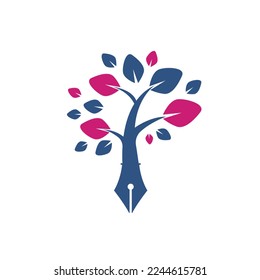 Tree pen vector logo design template. Writer and nature logo concept.