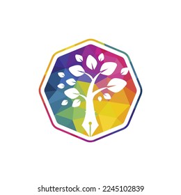 Tree pen vector logo design template. Writer and nature logo concept.