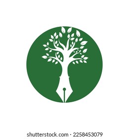 Tree pen vector logo design template. Writer and nature logo concept.