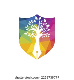 Tree pen vector logo design template. Writer and nature logo concept.