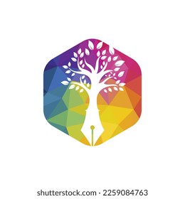 Tree pen vector logo design template. Writer and nature logo concept.