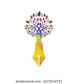 Tree pen vector logo design template. Writer and nature logo concept.