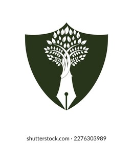 Tree pen vector logo design template. Writer and nature logo concept.