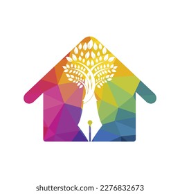 Tree pen vector logo design template. Writer home and nature logo concept.	