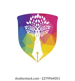 Tree pen vector logo design template. Writer and nature logo concept.