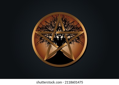 Tree Pentacle, tree of life and Wicca pentagram. Sacred geometry. Gold Logo, Book of Shadows pagan Wiccan goddess symbol, energy circle, Earth and Prosperity, vector isolated on black background