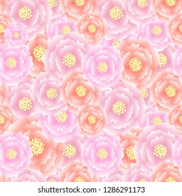 Tree peony seamless floral pattern background. Watercolor pink flowers, yellow design element stock vector illustration for web, for print