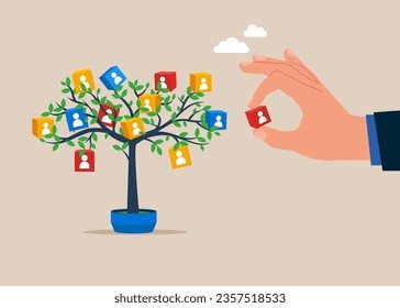 Árbol con iconos de personas. Contratación de empleados. Atraer y generar ingresos con el marketing.  Ilustración vectorial plana