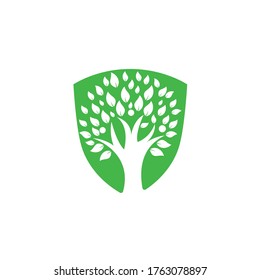 Tree people shield logo. Healthy people logo design. Human life logo icon of abstract people tree vector.