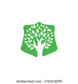 Tree people shield logo. Healthy people logo design. Human life logo icon of abstract people tree vector.