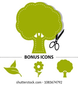 Tree Pictogram And Bonus Icons - Vector Sticker Illustration With Scissor And Cutline - Isolated On White Background