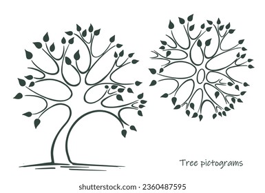 pictogramas de árbol Tinta dibujada a mano. Esbozo de plantas. Aislado sobre fondo blanco. Ilustración vectorial.