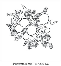 árbol, cono de pino. ramo estilizado. decoración.  impresión de tela, toallas de cocina. año nuevo, ramas de abetos. boceto, garabato. diseño postal. contorno negro. vectores 10